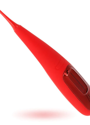 Ein schlanker, lebhafter roter hallo fokus vibrator rot aus glänzendem kunststoff mit abgerundetem spitzenteil