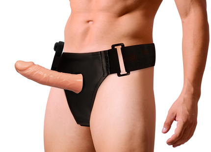 Schwarzer latex harness mit verstellbarem gurt und schnalle für den rnes hollow benny mit vibrator 15 cm o 4,5 cm