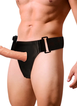 Schwarzer latex harness mit verstellbarem gurt und schnalle für den rnes hollow benny mit vibrator 15 cm o 4,5 cm