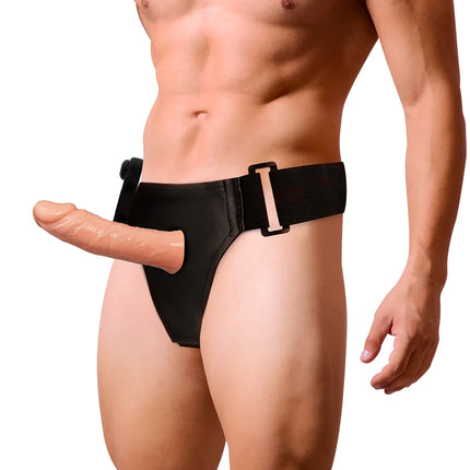 Schwarzer latex harness mit verstellbarem gurt und schnalle für den rnes hollow benny mit vibrator 15 cm o 4,5 cm