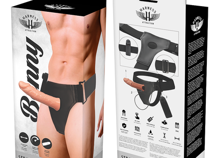 Schwarzer strap-on-harness mit zentralem gürtel und verstellbaren seitenriemen von harness attraction namens bunny