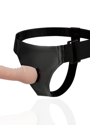 Schwarzer lederähnlicher harness mit pfirsichfarbenem silikon dildo 16 cm länge 3,3 cm durchmesser