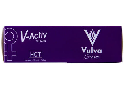 Lila rechteckige v-activ woman vulva-creme mit cbd 50ml und weißem branding mit weiblichkeitssymbol
