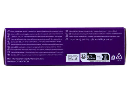 Lila rechteckige verpackung der heiss vulva-creme mit cbd 50ml mit mehrsprachigem text und recycling-symbolen rückseite