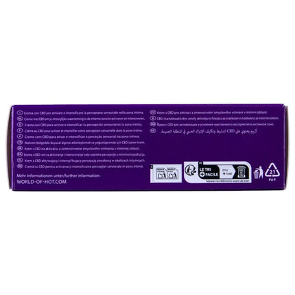 Lila rechteckige verpackung der heiss vulva-creme mit cbd 50ml mit mehrsprachigem text und recycling-symbolen rückseite