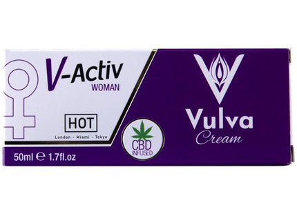 Violett-weiße rechteckige verpackung von heiss v-activ woman vulva-creme mit cbd und grünem cannabisblatt-icon