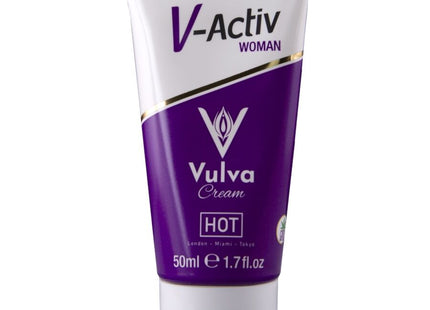 Lila und weiße V-Activ-Frauenvulva-Creme-Tube mit Goldverzierung, beschriftet „hot“ und markiert als 50 ml.