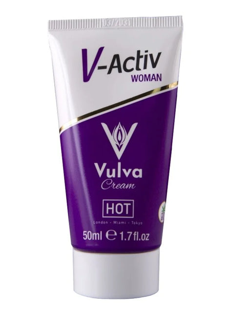 Lila und weiße V-Activ-Frauenvulva-Creme-Tube mit Goldverzierung, beschriftet „hot“ und markiert als 50 ml.