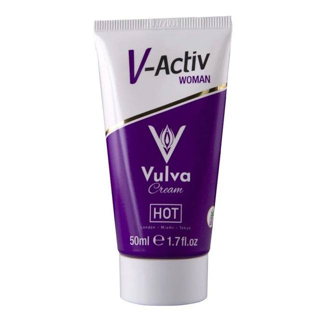 Lila und weiße V-Activ-Frauenvulva-Creme-Tube mit Goldverzierung, beschriftet „hot“ und markiert als 50 ml.