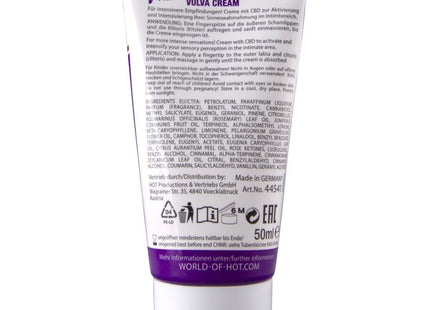 Weiße und violette tube v-activ vulva-creme mit cbd 50ml und silberner alufolienkappe von heiss