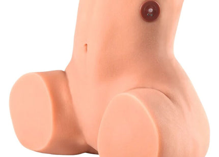 Peachfarbener silikon anatomisches modell eines hosenabschnitts mit großen runden füßen und braunem knopf auf dem oberen rücken zeigt rückseite des hidden desire big booty milking torso masturbators 16 kg