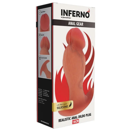 Inferno realistischer analplug 16 cm aus lebensechtem flüssigsilikon mit flammendesign auf der verpackung