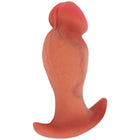 Ein pfirsichfarbener, glatter Silikon-analplug mit abgerundetem Kopf und gebogener Basis von hidden desire