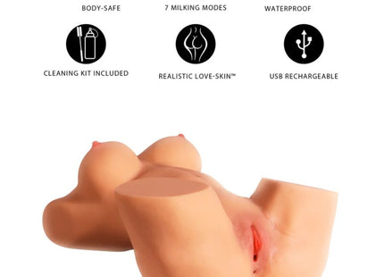 Beiger silikon brust- und becken-simulator mit realistischer love-skin textur usb wiederaufladbar milking mega torso weiblicher masturbator 22 kg