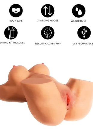 Beiger silikon brust- und becken-simulator mit realistischer love-skin textur usb wiederaufladbar milking mega torso weiblicher masturbator 22 kg
