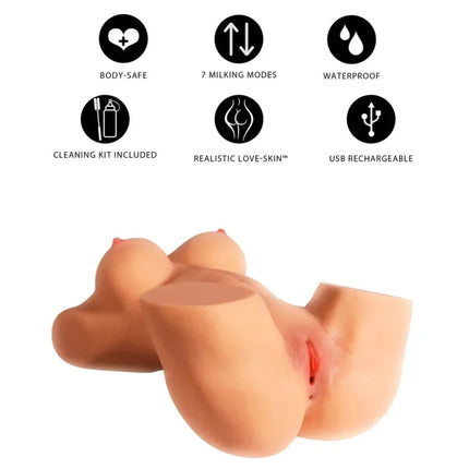 Beiger silikon brust- und becken-simulator mit realistischer love-skin textur usb wiederaufladbar milking mega torso weiblicher masturbator 22 kg