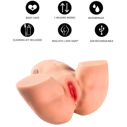 Ein pfirsichfarbener realistisch wirkender silikonmasturbator mit lebensechter hautstruktur und detaillierten anatomischen merkmalen
