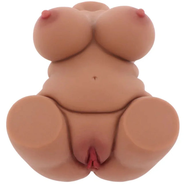 Beige silikonfigur einer sitzenden weiblichen torso mit betonten kurven und roten brustwarzen für erwachsenenbedarf