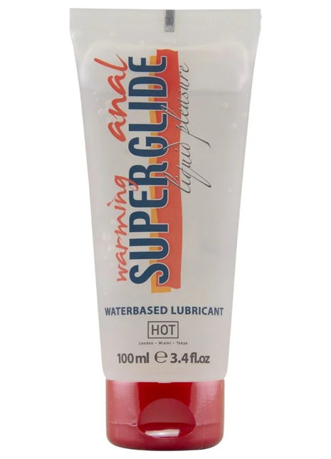 Weißes tube mit rotem deckel und orange-rotem streifen, superglide wärmendes anal-lubrikant von lique plaisir 100 ml