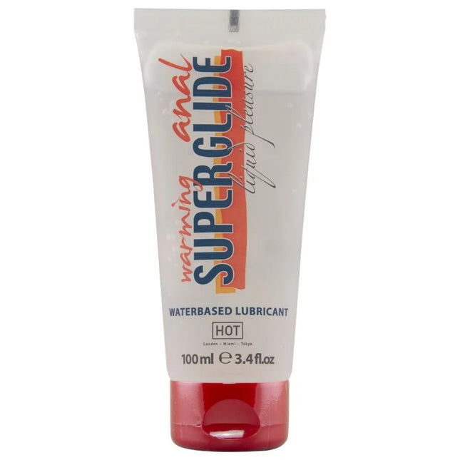 Weißes tube mit rotem deckel und orange-rotem streifen, superglide wärmendes anal-lubrikant von lique plaisir 100 ml