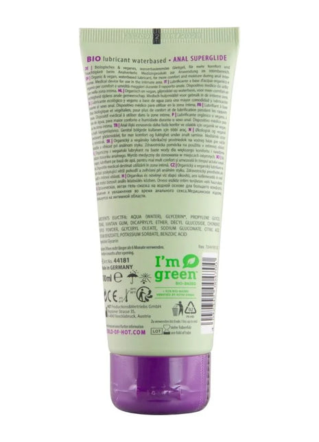 Lila getönte tube des bio gleitmittels i’m green auf wasserbasis anal superglide 100 ml für den analgebrauch