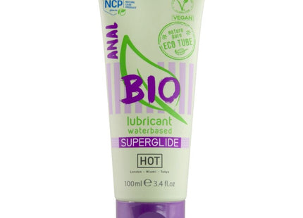 Eine violett und hellgrüner tube bio superglide heiß wasserbasierter anal gleitgel mit violettem verschluss 100 ml