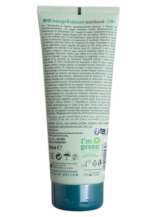 Translucenter grüner 2-in-1 bio-massage und gleitmittel auf wasserbasis im 200 ml schlauch mit silbernem deckel