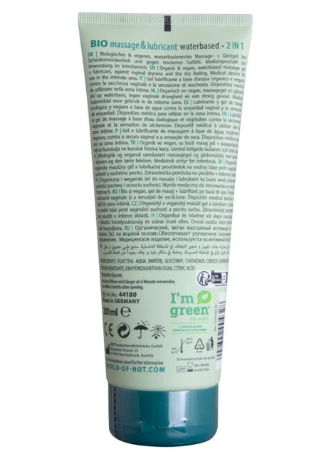 Translucenter grüner 2-in-1 bio-massage und gleitmittel auf wasserbasis im 200 ml schlauch mit silbernem deckel