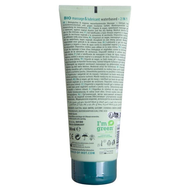 Translucenter grüner 2-in-1 bio-massage und gleitmittel auf wasserbasis im 200 ml schlauch mit silbernem deckel