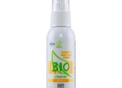 Weiße plastik-sprühflasche hot bio-reiniger-spray 50 ml mit grün-orangem etikett und grapefruitkernextrakt