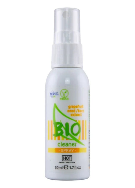 Weiße plastik-sprühflasche hot bio-reiniger-spray 50 ml mit grün-orangem etikett und grapefruitkernextrakt