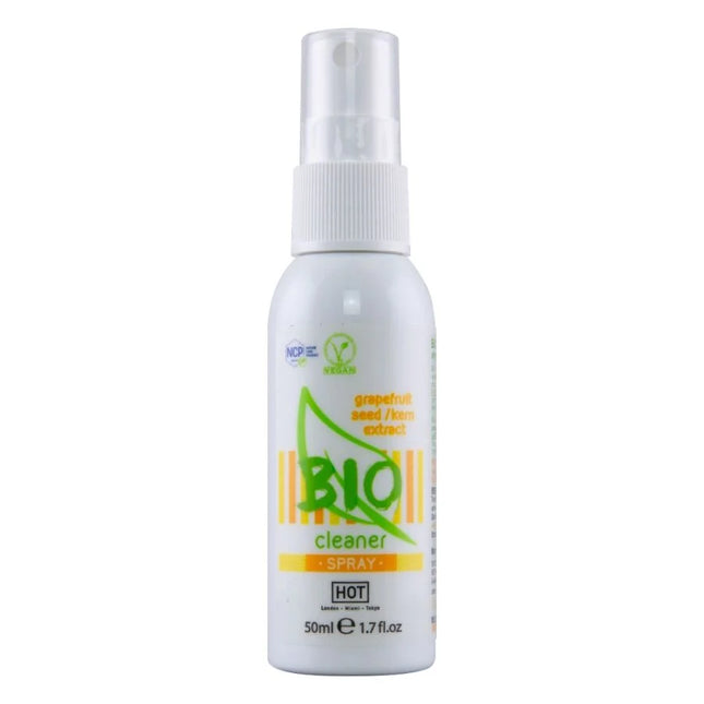 Weiße plastik-sprühflasche hot bio-reiniger-spray 50 ml mit grün-orangem etikett und grapefruitkernextrakt