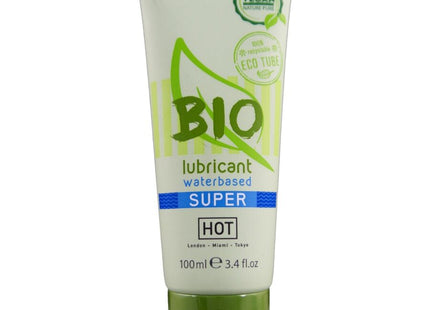 Weiße tube bio super heiß wasserbasierte gleitcreme mit grünem deckel und umweltfreundlicher kennzeichnung 100 ml