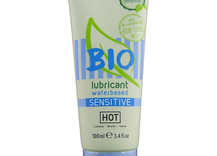 Ein hellgrüner tube bio wasserbasiertes sensibles schmiermittel hot mit blauem deckel und umweltfreundlicher kennzeichnung
