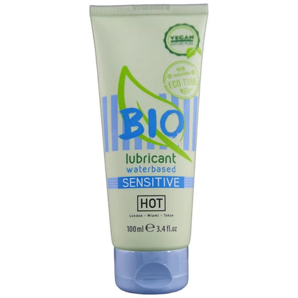 Ein hellgrüner tube bio wasserbasiertes sensibles schmiermittel hot mit blauem deckel und umweltfreundlicher kennzeichnung