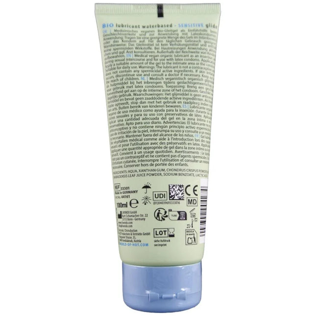 Weiße, quetschbare tube bio-schmiermittel auf wasserbasis sensitiv 100 ml für sanfte gleitwirkung