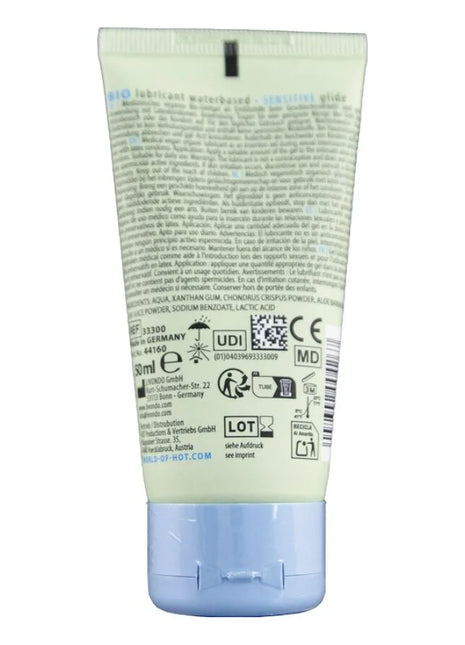 Leicht grüne und hellblaue plastiktube mit flip-topverschluss für hot bio-schmiermittel auf wasserbasis sensitiv 50 ml