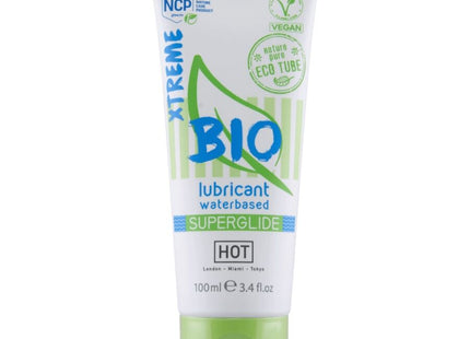 Weißer und hellgrüner bio superglide wasserbasierter gleitmittel-tube von hot mit umweltfreundlicher markierung und klappverschluss