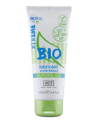 Weißer und hellgrüner bio superglide wasserbasierter gleitmittel-tube von hot mit umweltfreundlicher markierung und klappverschluss
