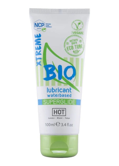 Weißer und hellgrüner bio superglide wasserbasierter gleitmittel-tube von hot mit umweltfreundlicher markierung und klappverschluss
