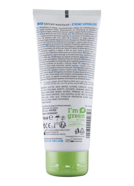 Weiße tube hot bio-schmiermittel auf wasserbasis xtreme 100 ml mit grünem xtreme superglide bio-lubricant