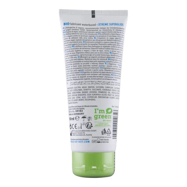 Weiße tube hot bio-schmiermittel auf wasserbasis xtreme 100 ml mit grünem xtreme superglide bio-lubricant