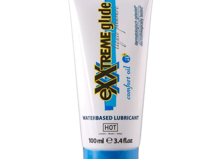 Weiße tube mit blauem verschluss und gelb-blauem schriftzug von hot extra gleitendes gleitmittel auf wasserbasis 100 ml