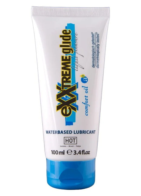 Weiße tube mit blauem verschluss und gelb-blauem schriftzug von hot extra gleitendes gleitmittel auf wasserbasis 100 ml
