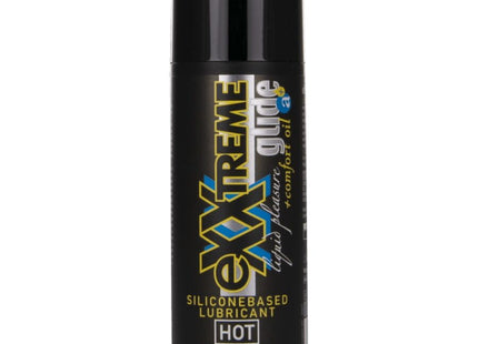 Schwarze zylindrische flasche hot silicongleitgel extra gleitend mit gold und blauer markierung 50 ml