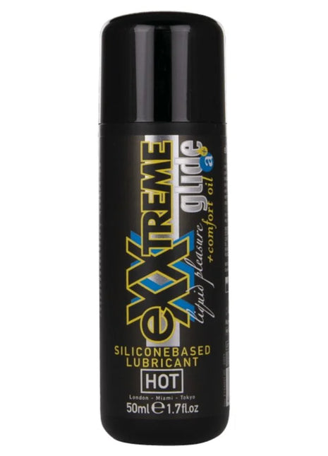 Schwarze zylindrische flasche hot silicongleitgel extra gleitend mit gold und blauer markierung 50 ml