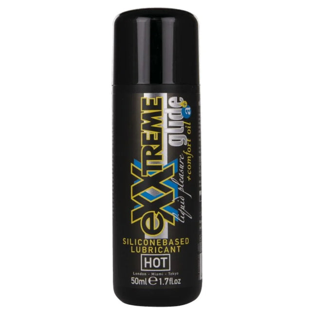 Schwarze zylindrische flasche hot silicongleitgel extra gleitend mit gold und blauer markierung 50 ml