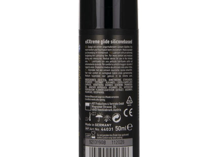Schwarze zylindrische flasche mit weißer beschriftung und barcode der silikonbasierte gleitgel hot extra gleitend 50 ml rückseite