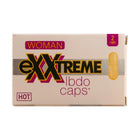 Beige rechteckige box exxtreme ibdo kapseln für frauen mit muira puama, auffälligem schwarz-magenta-design und gelber kapselillustration
