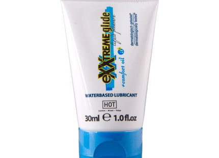 Ein weiß-blauer 30ml tube hot extratreme gleitmittel auf wasserbasis mit komfortöl a+ inhaltsstoffe sichtbar